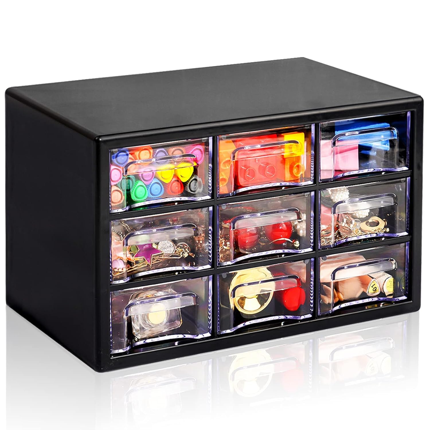 SANGOZ Mini Plastic Storage Drawer Cabinet – 9 Multicolor Drawers for Office Supplies, Craft Tools, Makeup & Small Parts – Compact Desktop Organizer for Home & Workspace
