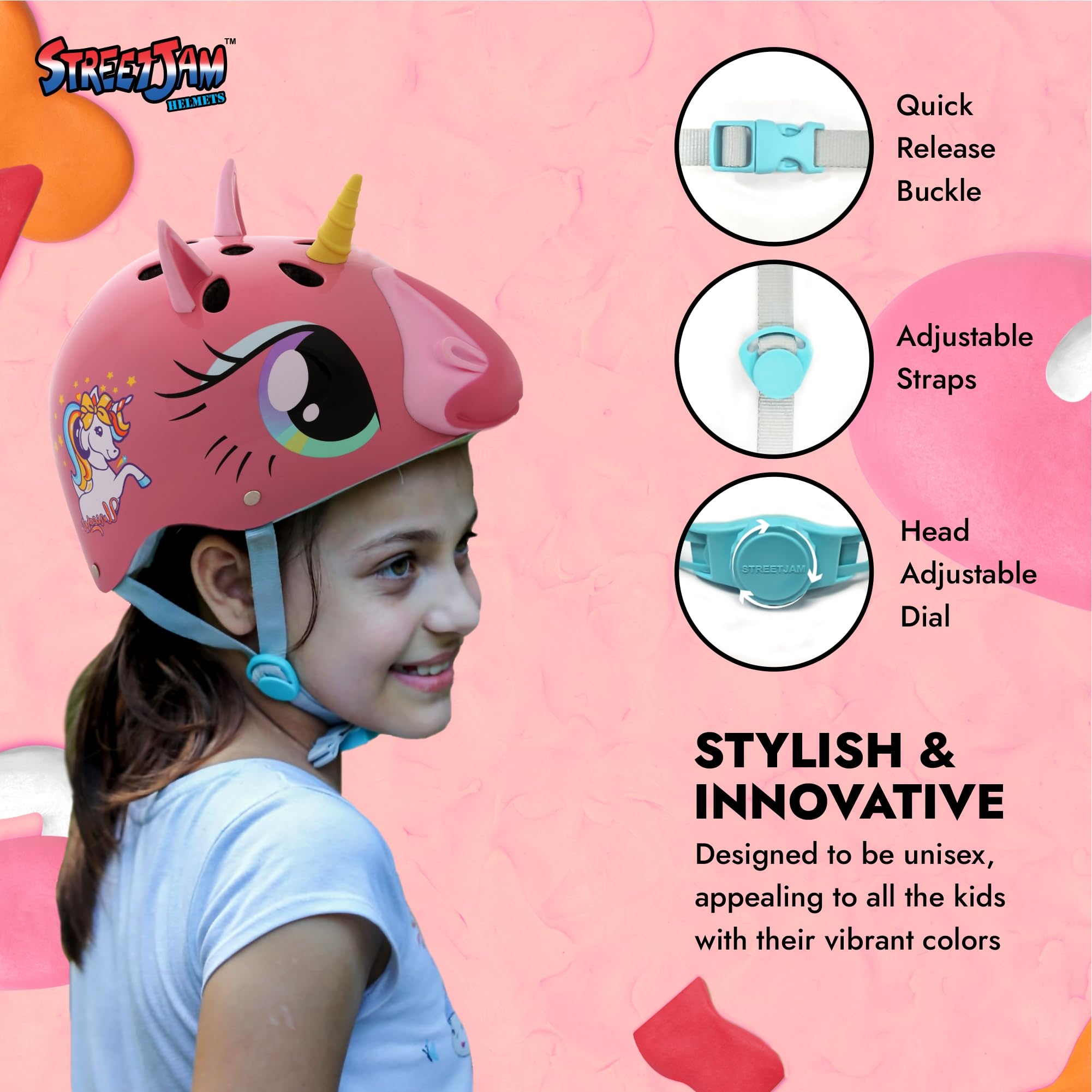 STREETJAM Magic Unicorn Open Face Sports Helmet for Kids, Hard PP Outer Shell, EPS Inner Comfort Linner case, Adjustable Strap & Adjuster Dial, Unisex Helmet for Cycling(8-13 Years, Pink) 2
