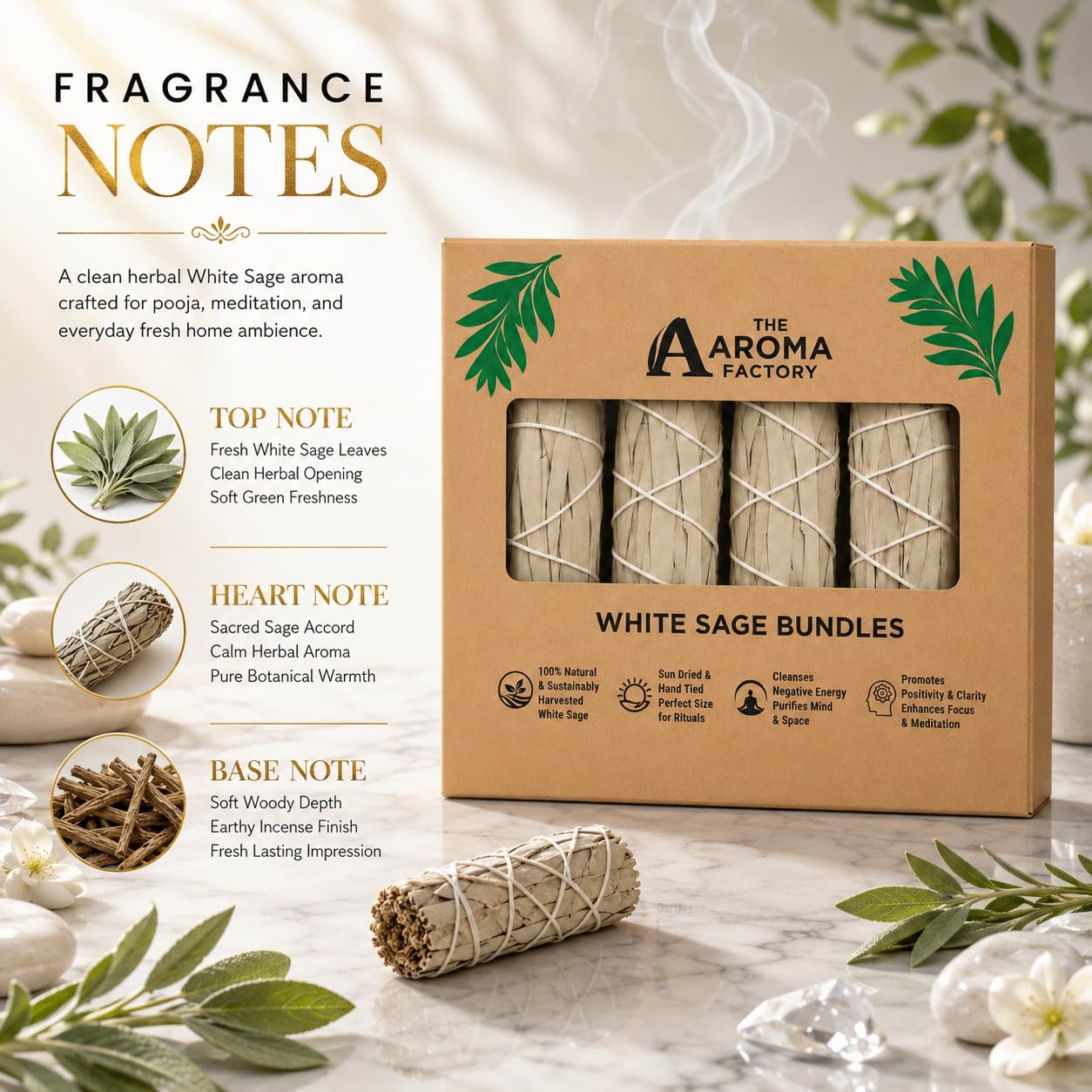 The Aroma Factory Natural White Sage Dry Leaves Smudging Sticks Bundles (6 Inch x 30g Each) Removes Negativity, Aura Cleansing, 1 Box (White Sage, Pack of 4)
