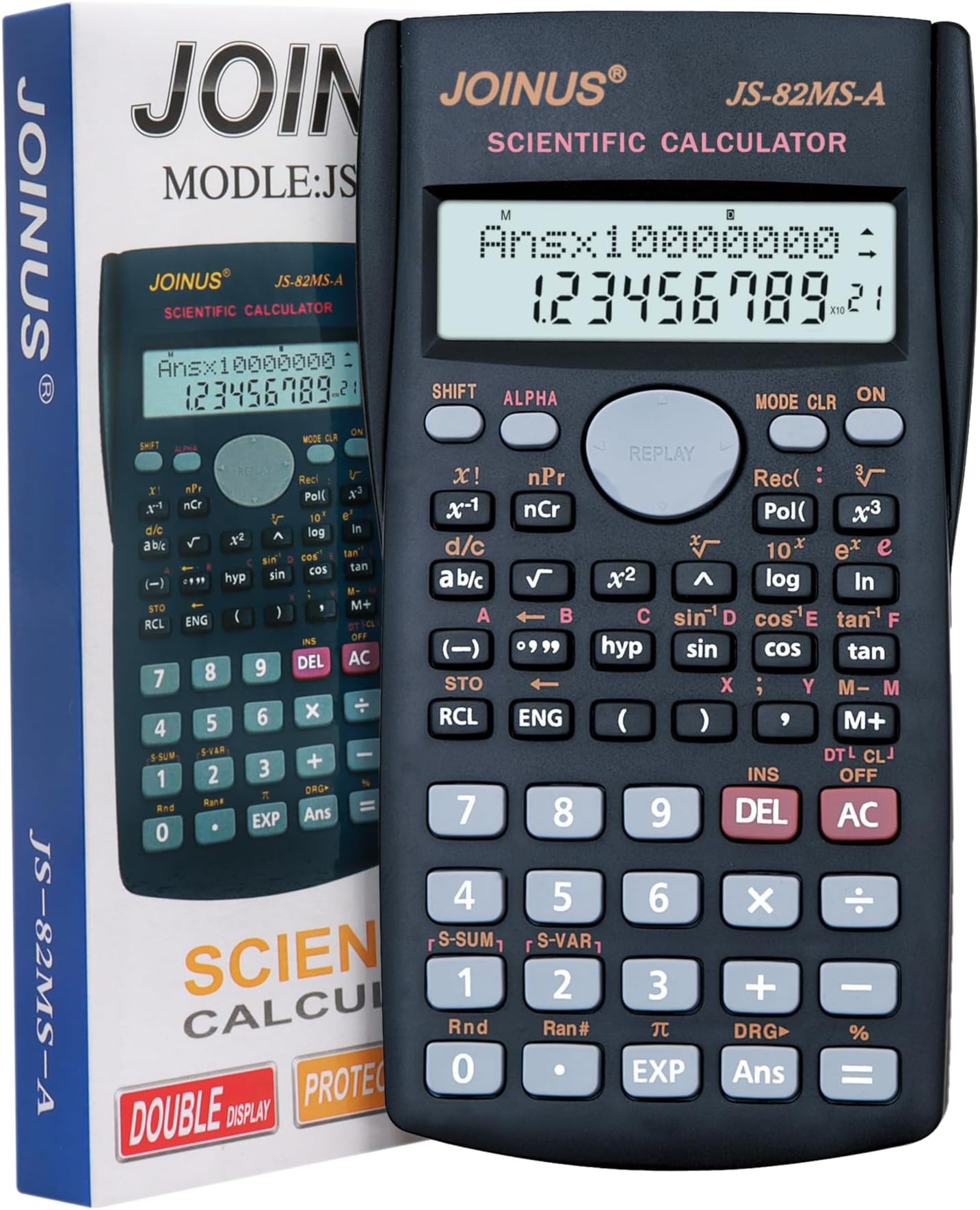 Scientific Calculator 240 Calculations Function, 12 Digits, Double Display, Business Office School Pocket Calculator, Black Color (JS-82MS-A)