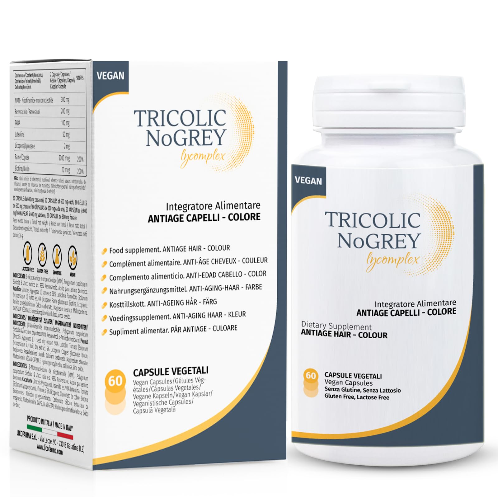 Tricolic NoGrey Lycomplex | Integratore Antigrigio e Antietà per Capelli | Sostiene la Naturale Colorazione dei Capelli | Con NMN, Resveratrolo, Rame e Biotina | 60 Capsule Vegetali