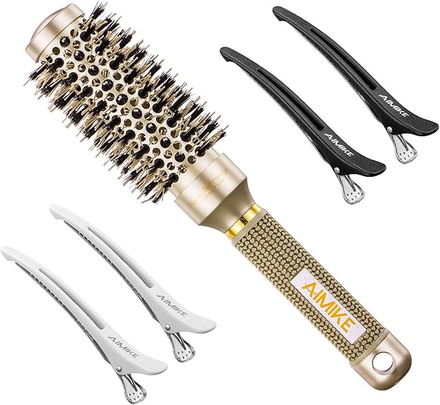 AIMIKE Round Brush, Nano Thermal Ceramic & Ionic Tech Hair Brush, Small Round Barrel Brush with Boar Bristles for Blow Drying, Styling, Curling and Shine (2.4 inch, Barrel 1.3 inch) + 4 Free Clips