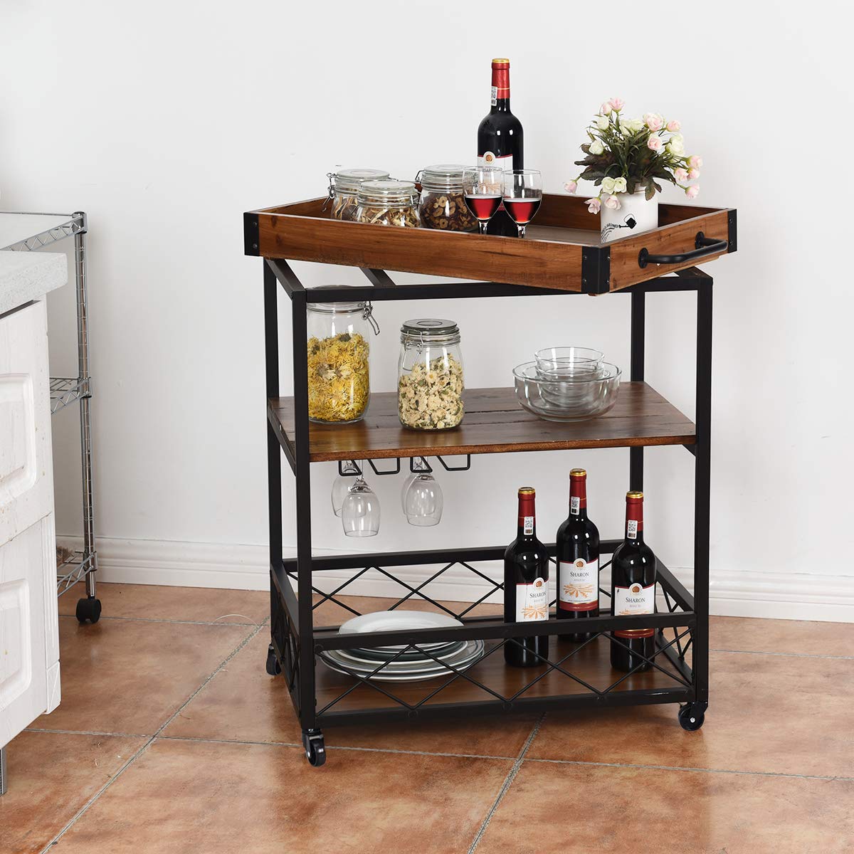 Giantex Industrial Bar Serving Cart, Mobile Kitchen Island Cart, Wood