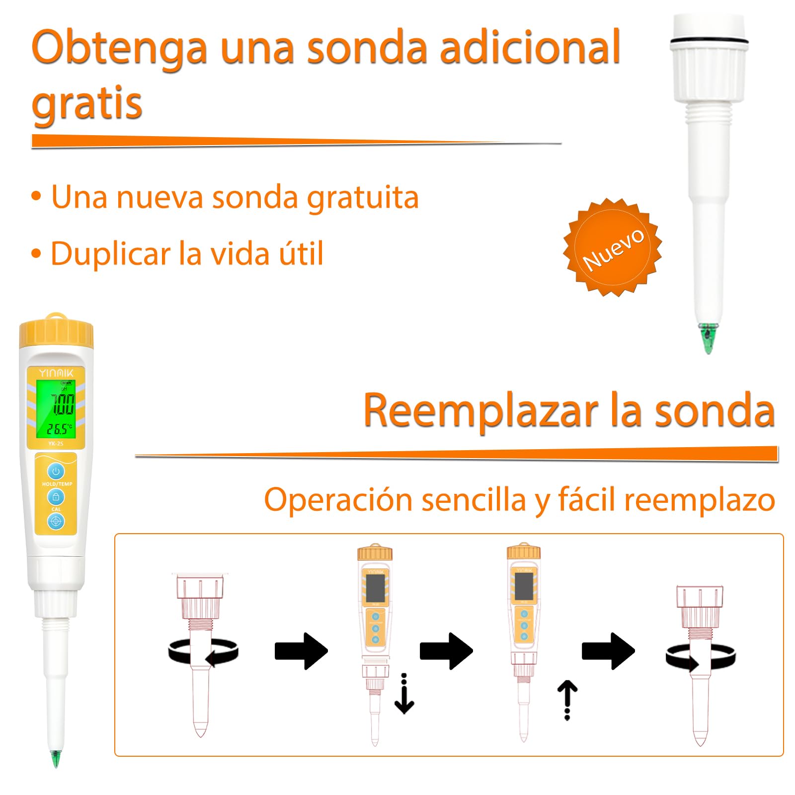 YINMIK Medidor de pH de Alimentos con Sonda Reemplazable, Probador Digital para Masa, Pan, Carne, Queso