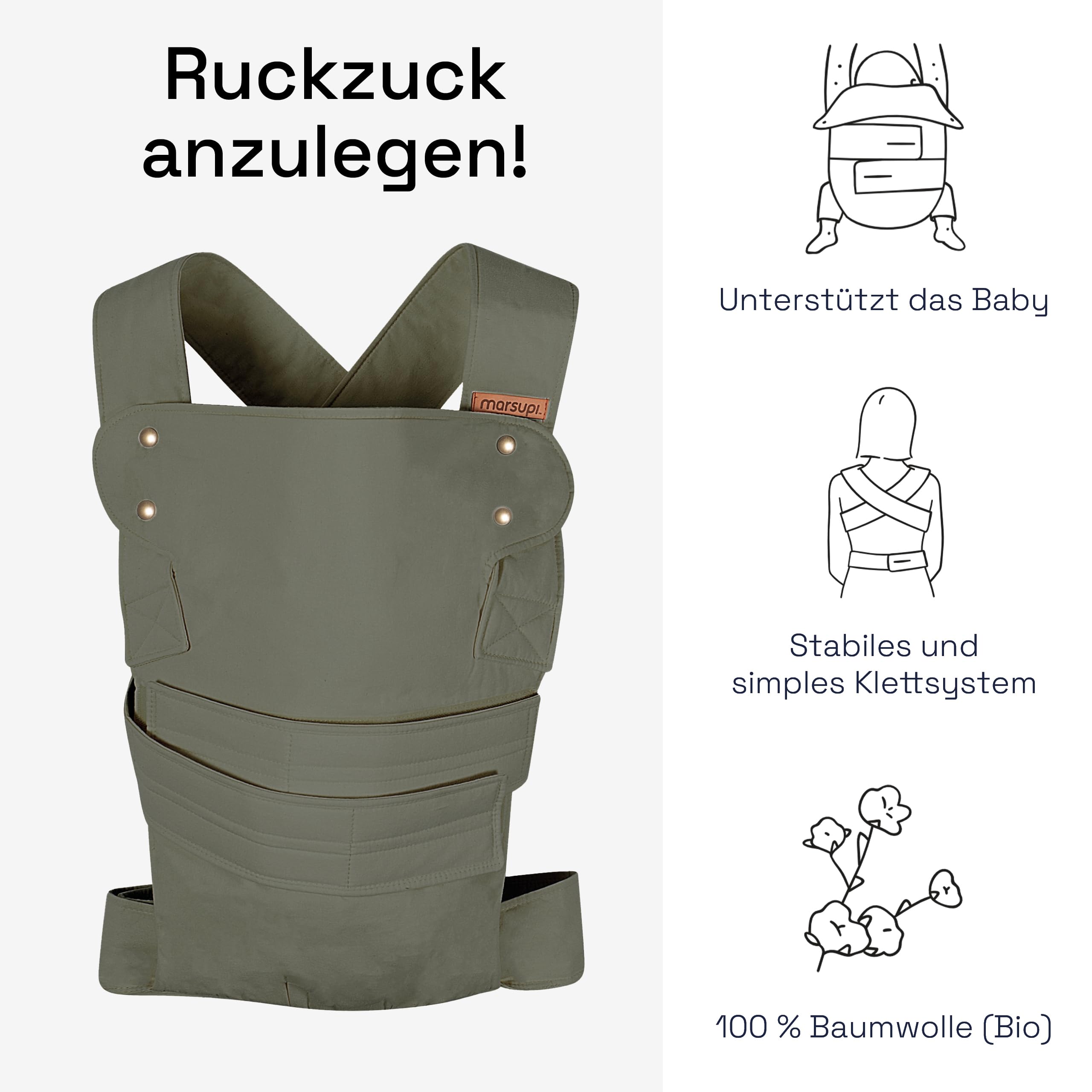 marsupi Babytrage für Neugeborene ab Geburt bis 15kg - kompakte Babytrage mit stabilem Klettsystem - aus luftigem Baumwoll-Leinen-Gewebe, Olive (L)