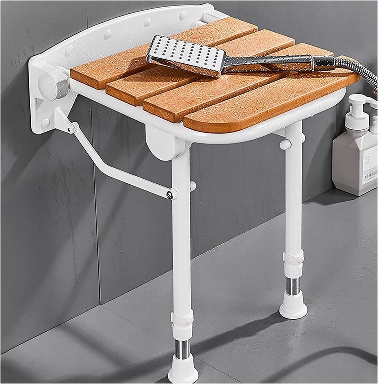 Siège de douche pliant en bois robuste avec pieds de support pour le bain mural