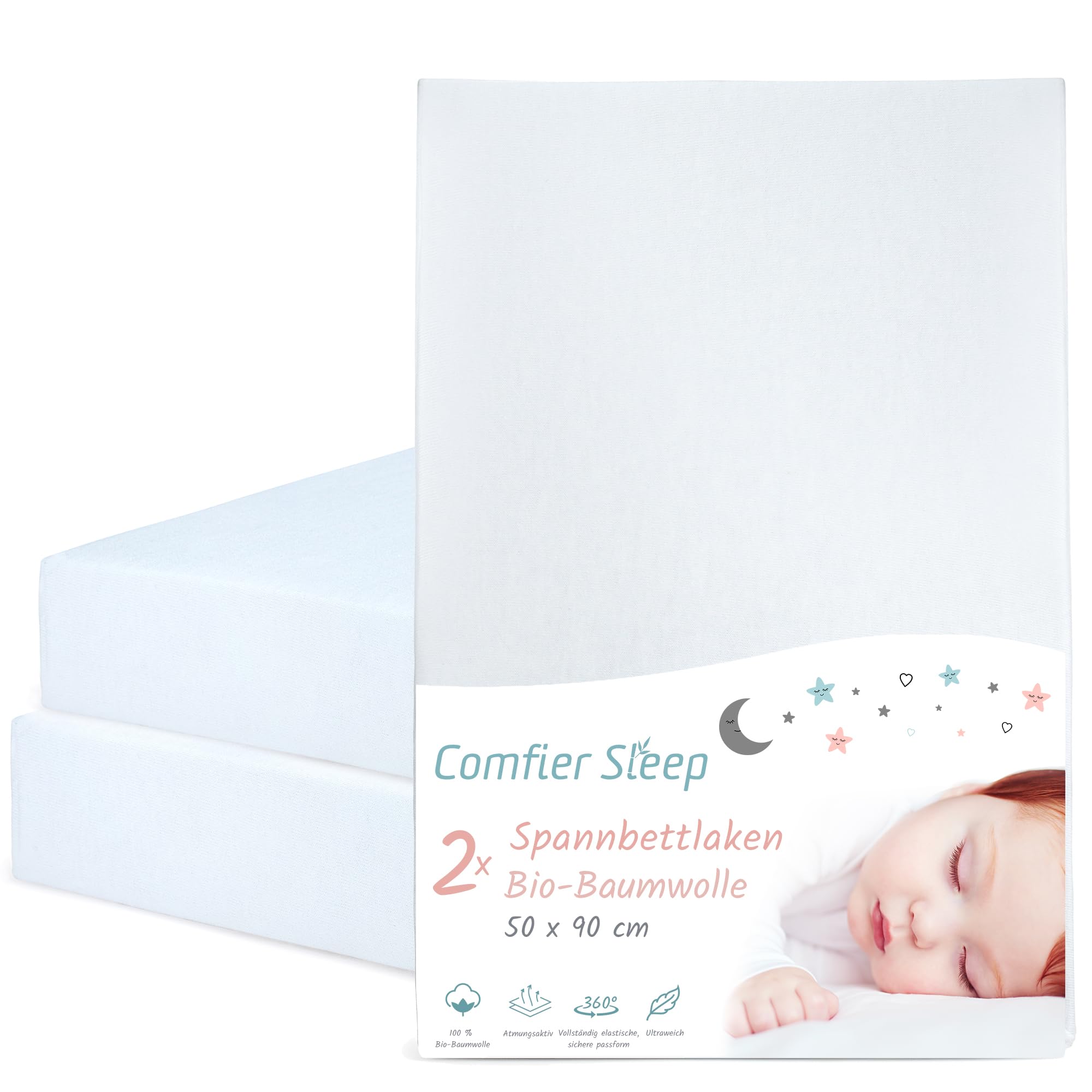 Spannbettlaken Kinderwagen 90x50 cm – 2er-Set Weiss Baby Spannbettlaken Aus Bio-Baumwolle – Waschbar & Weich – Für Kinderwagenmatratze