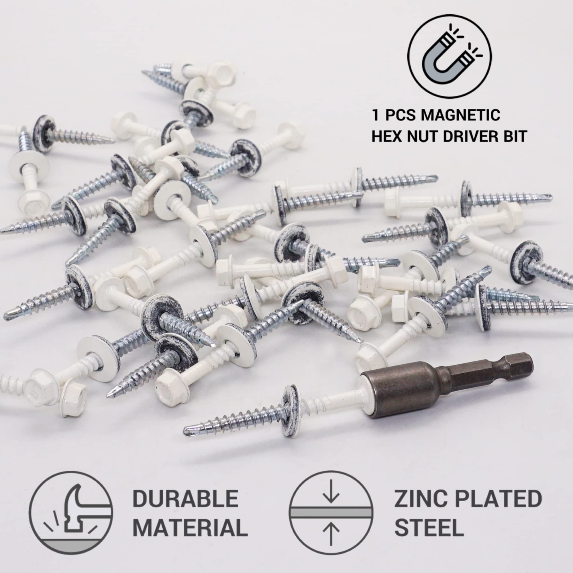 SKIR'CO (20 pcs) Painted Roofing Screws, 4.8 x 50 mm Self-Drilling Screws With EPDM Washers, Hex Head (Pure White, RAL 9010) - Image 3