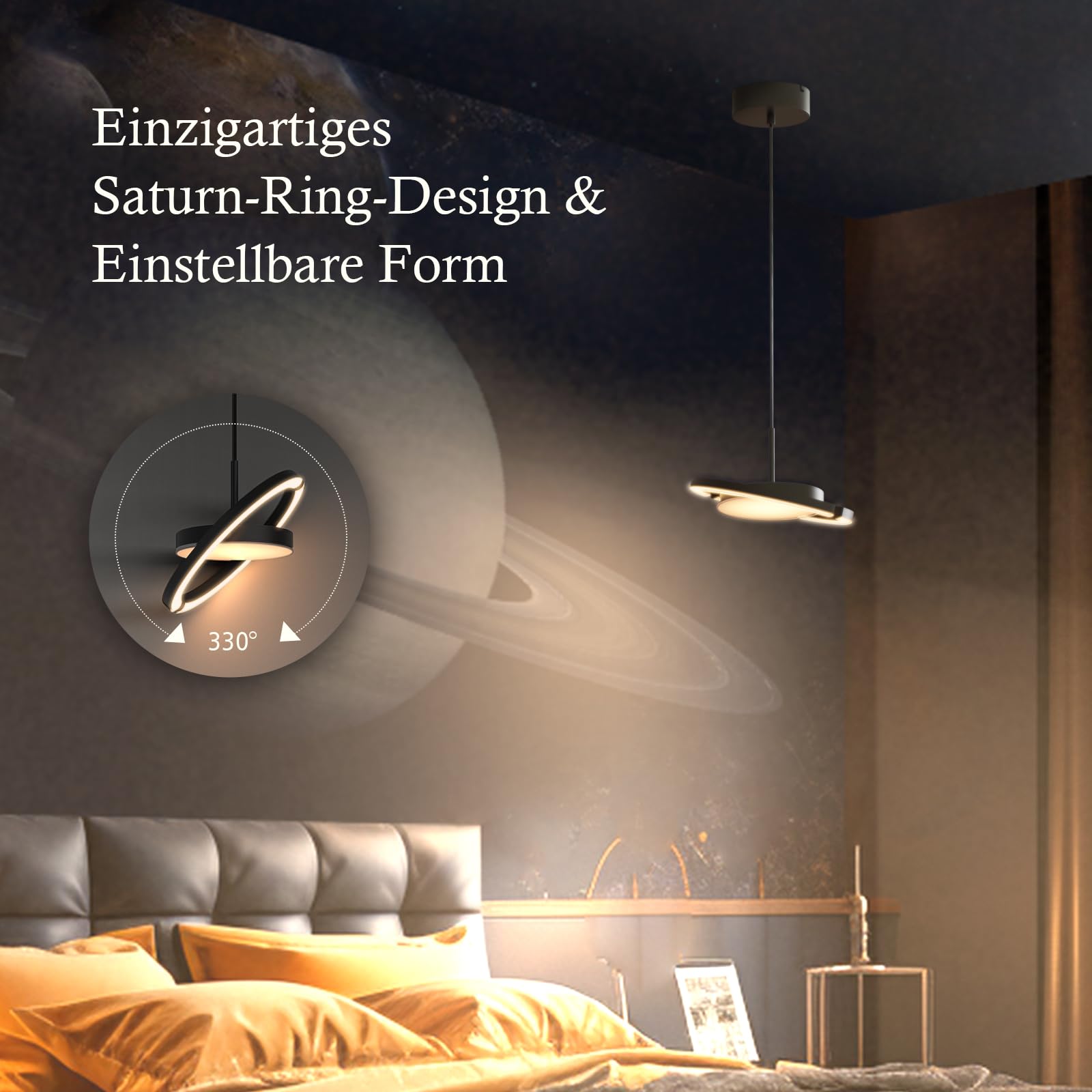 FIMEI LED Hängeleuchte Esstisch Pendelleuchte, schwarz Dimmbar mit Fernbedienung Pendellampe 3000-6000K Höhenverstellbar Saturnring-Design für Esszimmer, Wohnzimmer, Kücheninsel, Schlafzimmer, Foyer