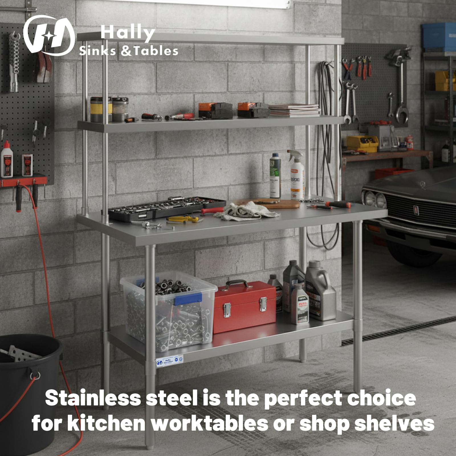 Hally - Estante doble de acero inoxidable de 12 x 60 pulgadas, capacidad de peso de 400 libras, estantes comerciales NSF de 2 niveles para mesa de preparación y trabajo en restaurante, hogar y cocina