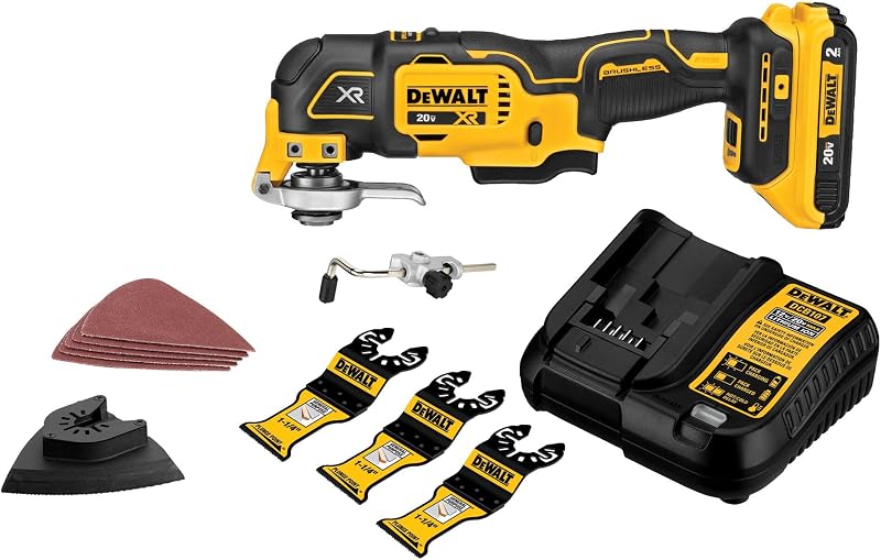DEWALT Kit multiherramienta oscilante MAX XR de 20 V, accesorios para herramientas oscilantes, inalámbrico, 3 velocidades, cambio rápido de cuchilla, papel de lija, cuchillas, batería y cargador incluidos (DCS356D1)