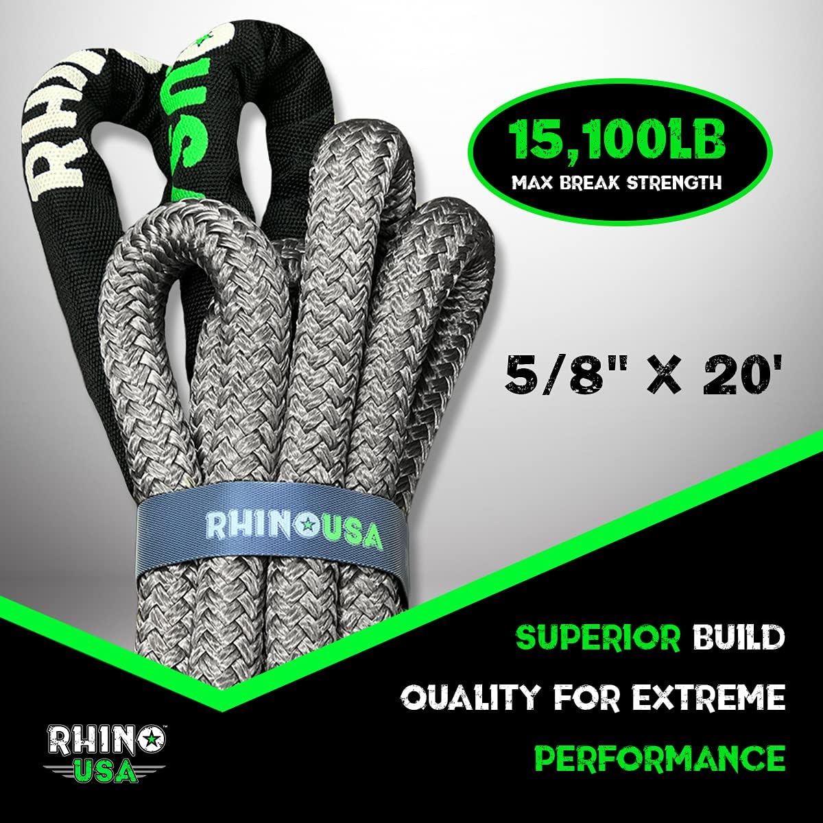 Rhino USA Kinetic Recovery Tow Rope (5/8in x 20ft Gray) Heavy Duty Offroad Snatch Strap - Ultimate Elastic Straps Towing Gear - Guaranteed for Life! Compatible with UTV, ATV, Truck, Car, Jeep, Tractor