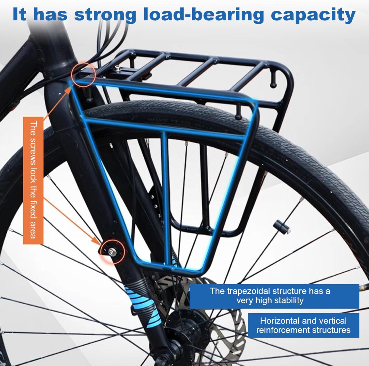 Front Bike Rack, Heavy Duty Aluminium Alloy Multipurpose Trapezoidal Design Bike Cargo Rack with Adjustable Connecting Rod for Cargo Luggage