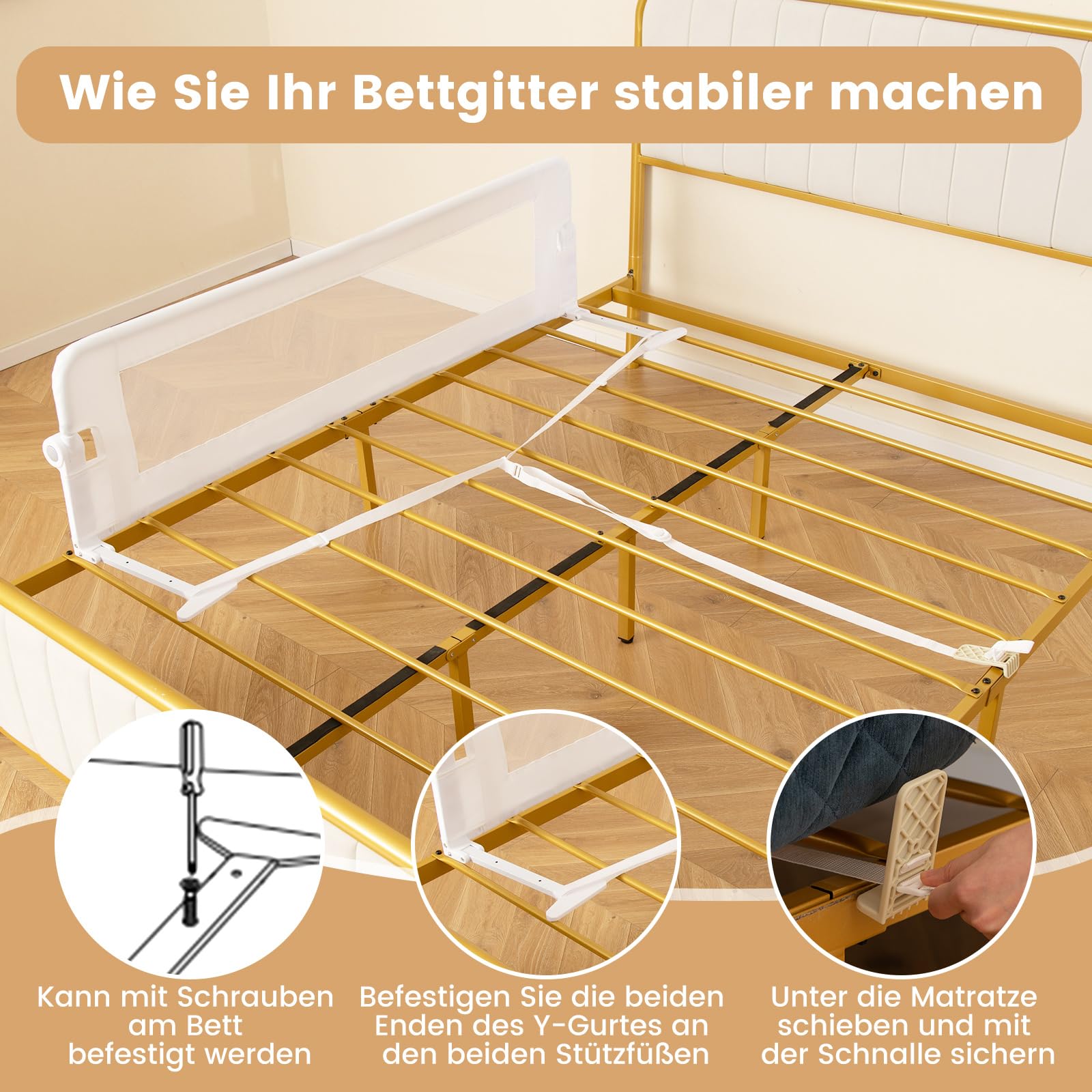 COSTWAY Bettgitter klappbar, 150 x 42cm Bettschutzgitter mit Verstellbarer Gurte, EIN-klick-Faltung, Rausfallschutz Bett 180° faltbar für Boxspringbett, Elternbett, Kinderbett (Weiß)