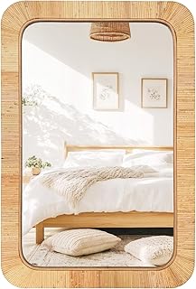 Rattan Rectangular Mirror 24x36, Boho Decorative Wall Mirror for Bathroom, Farmhouse Vanity Mirror for