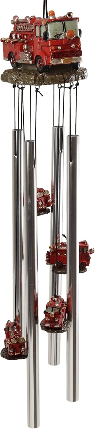 Ebros Gift Decorative Red Fire Engine Truck Model Resonant Relaxing Wind Chime Patio Garden Accent of Fire Fighters Hydrants 911 Emergency Civil Service