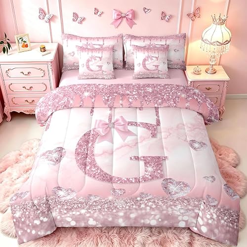 Erosebridal Pink Bow Comforter Set 7 Piece Bed in A Bag Twin