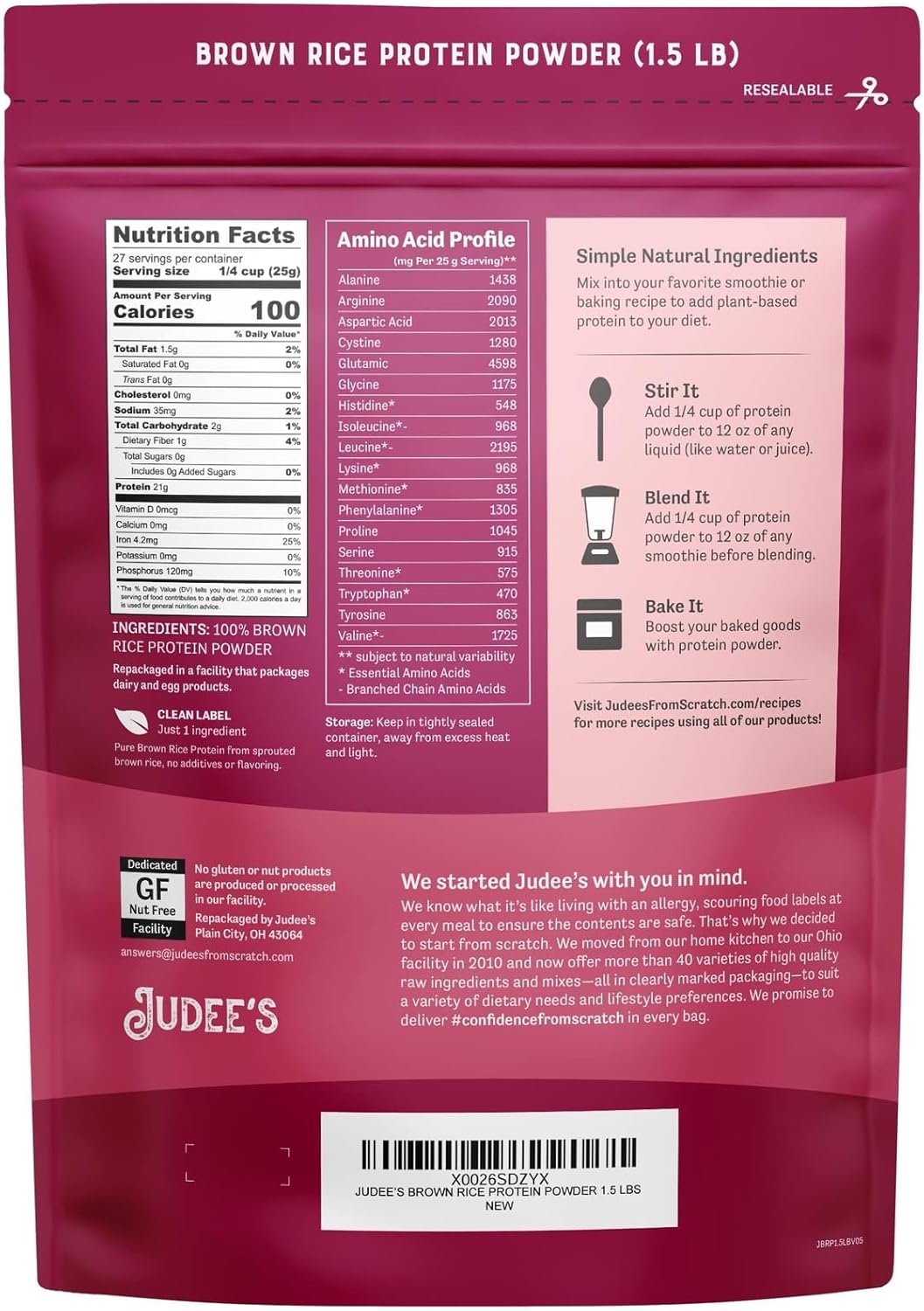 Judee's Gluten Free Brown Rice Protein Powder - Plant-Based Vegan Protein - Gluten-Free Meal Replacement - 1.5 lb, Unflavored - Image 2