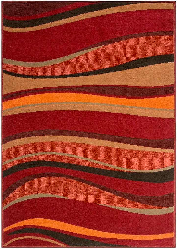 Warm Red, Brown, Green, Burnt Orange Modern Waves Area Rug 3'11" x 5'7"