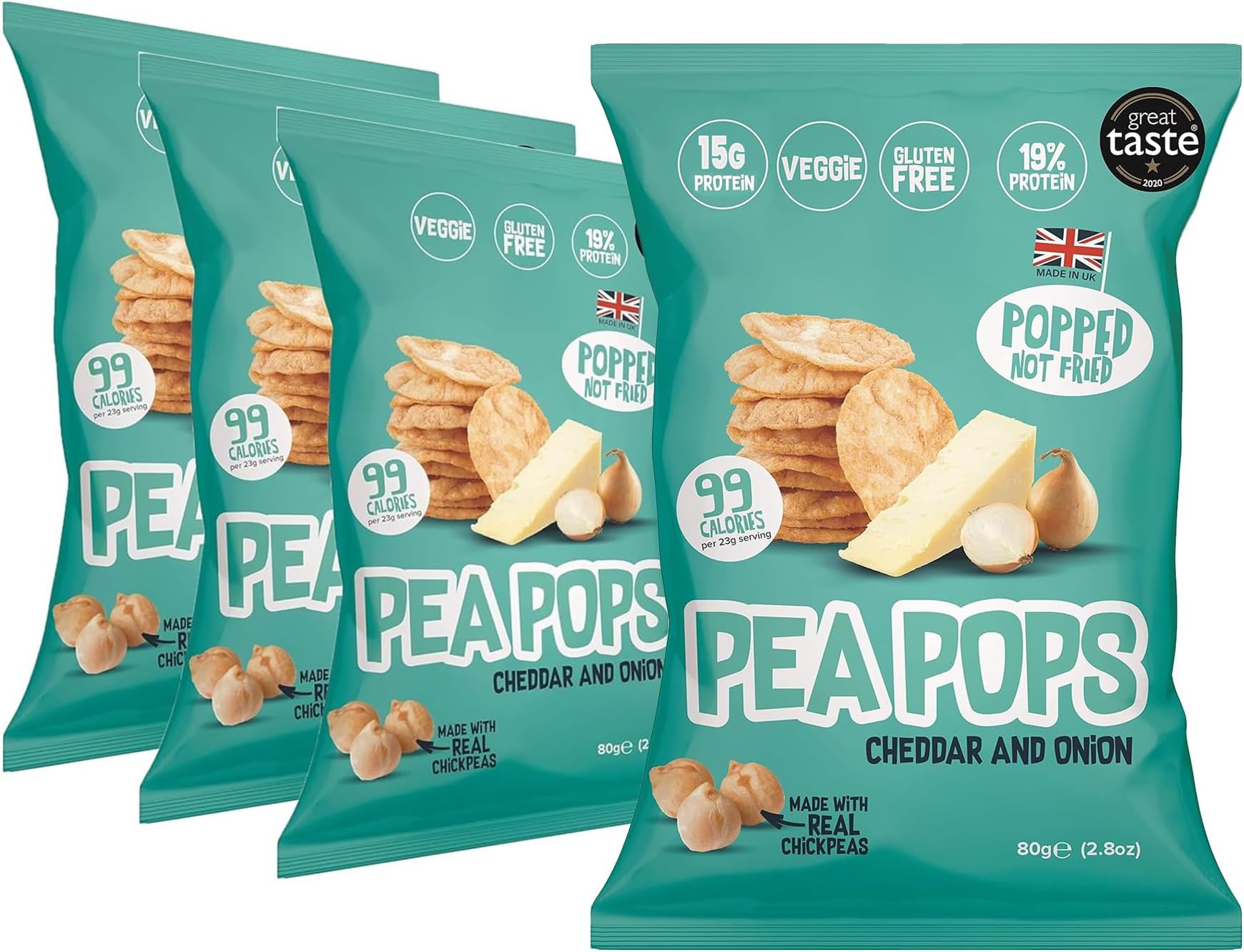 Pea Pops Healthy Protein Chips - 15g Protein Delicious Chikpea Crisps Less Fat, Low Calorie, Gluten Free, Vegan Protein Snacks, Popped (Not Fried) 80g (PACK OF 4, Cheddar & Onion 80g)
