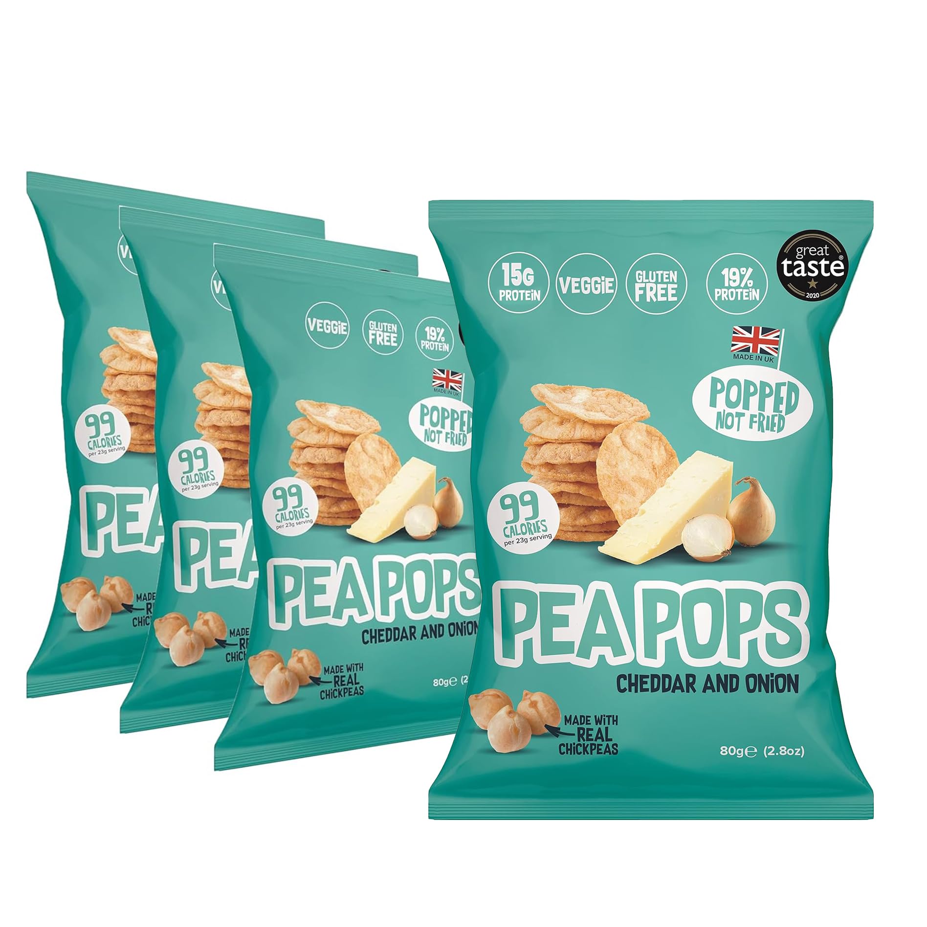 Pea Pops Healthy Protein Chips - 15g Protein Delicious Chikpea Crisps Less Fat, Low Calorie, Gluten Free, Vegan Protein Snacks, Popped (Not Fried) 80g (PACK OF 4, Cheddar & Onion 80g)