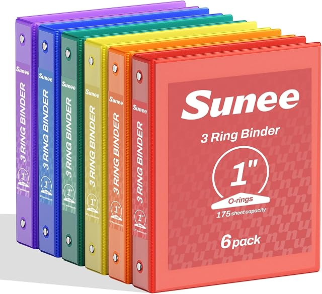 SUNEE 1 Inch Binders 3 Ring 6 Pack, Clear View Three Ring Binders PVC-Free (Fit 8.5x11 Inches) for School Binder or Office Binder Supplies, Classic 6 Colors