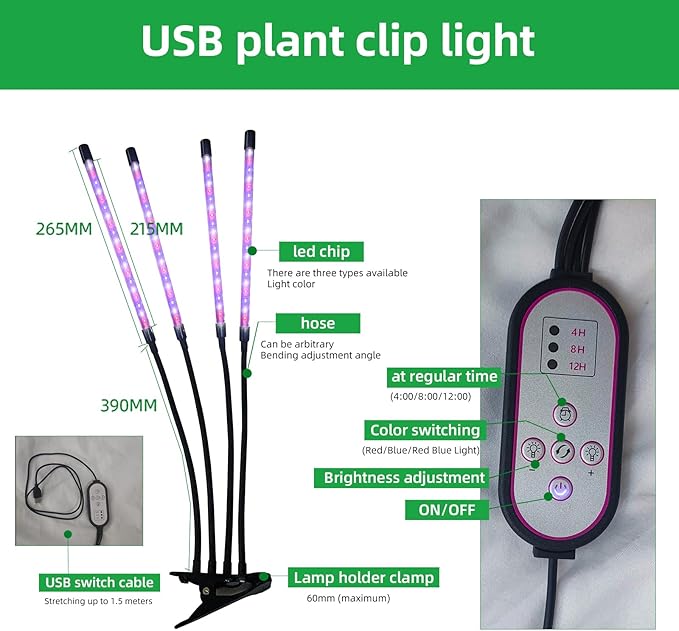 Generic FLMTHL Grow Light for Indoor Plants LED Lamps with Full Spectrum & Red Blue Spectrum, 3/9/12H Timer, 10 Dimmable Level, Adjustable Gooseneck,3 Switch Modes photo 2