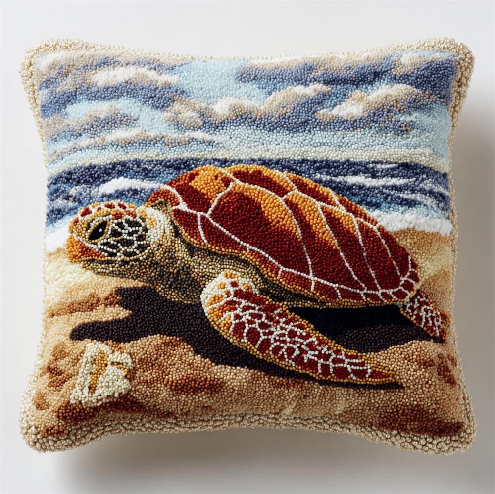 RKFLGEW Latch Hook Kits for Adults Beginners Turtle On The Beach 17X17 in DIY Crochet Pillow Kit Pre-Printed Pillowcase Hook and Latch Rug Kits Needlework Cushion Cover for Home Sofa Decoration