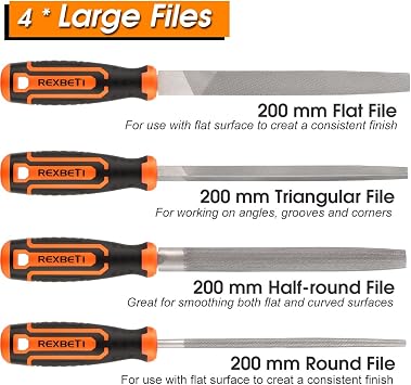 REXBETI 16Pcs Premium Grade T12 Drop Forged Alloy Steel File Set with Carry Case, Precision Flat/Triangle/Half-Round/Round Large File and 12pcs Needle Files, Soft Rubbery Handle, Perfect Shaping Tool