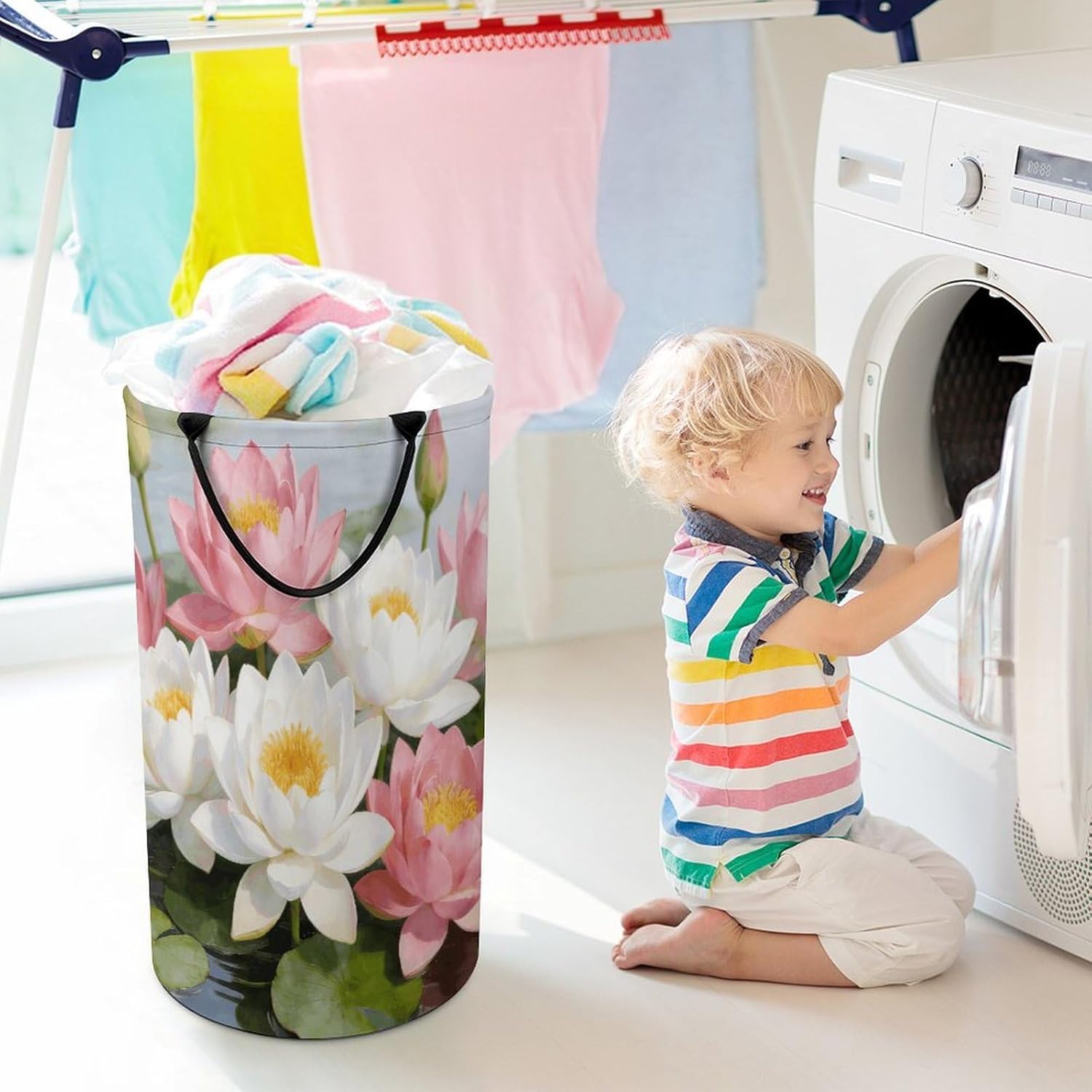 Clear Pond Lotus Rhythms Laundry Hamper 86L Waterproof Collapsible Clothes Basket with Double Handles Freestanding Foldable Laundry Basket Large Clothes Hamper for Bathroom