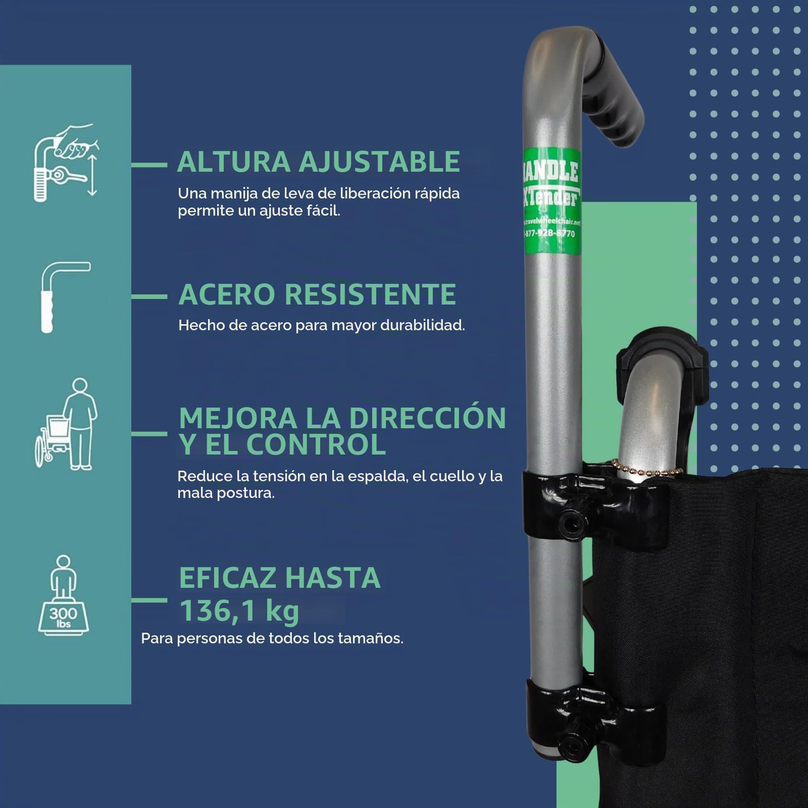 Extensor de mango de silla de ruedas (capacidad de peso de 300 libras), accesorios universales para sillas de ruedas para adultos, mango extensible para silla de ruedas y cochecitos, extensor