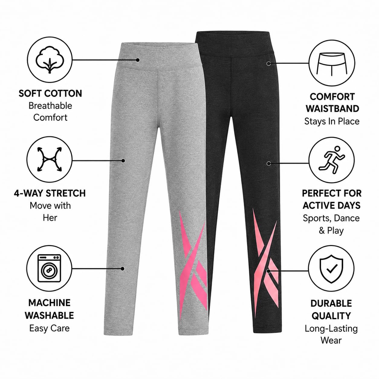 Reebok Leggings para niñas, paquete de 2 leggings de algodón de rendimiento atlético, pantalones de yoga para niñas, medias de baile (tallas: 7-12)