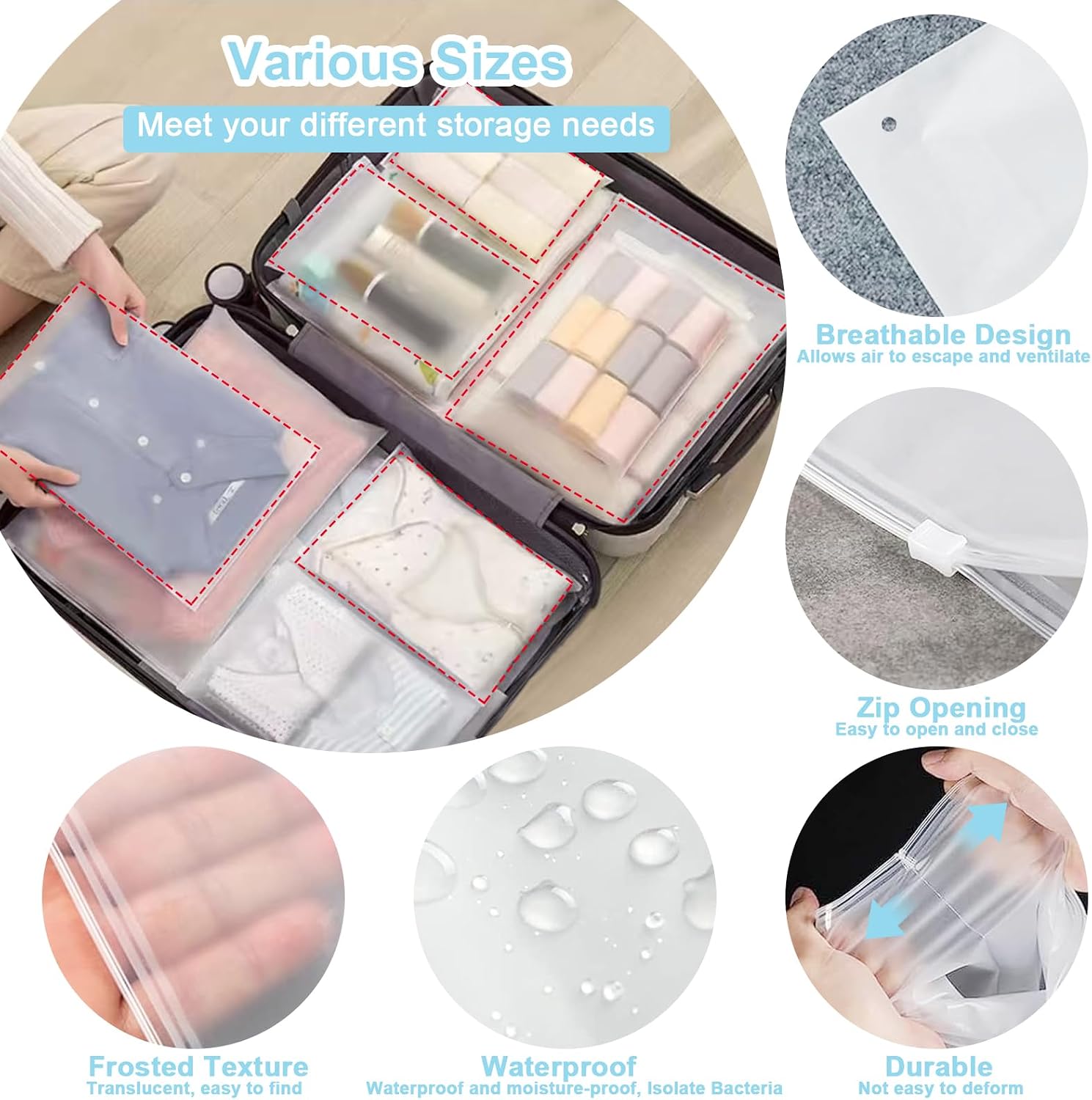 30 Pieces Clothes Bags with Zip, 5 Sizes of Frosted Resealable Travel Bags with Ventilation Holes for Clothes, Cosmetics, Shoes image 3
