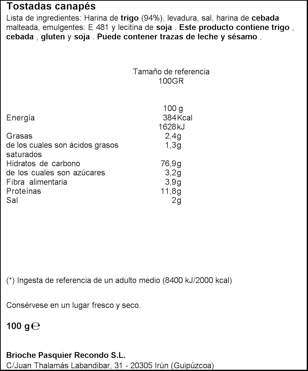 Recondo Tostada Canapé Cuadrada 100g