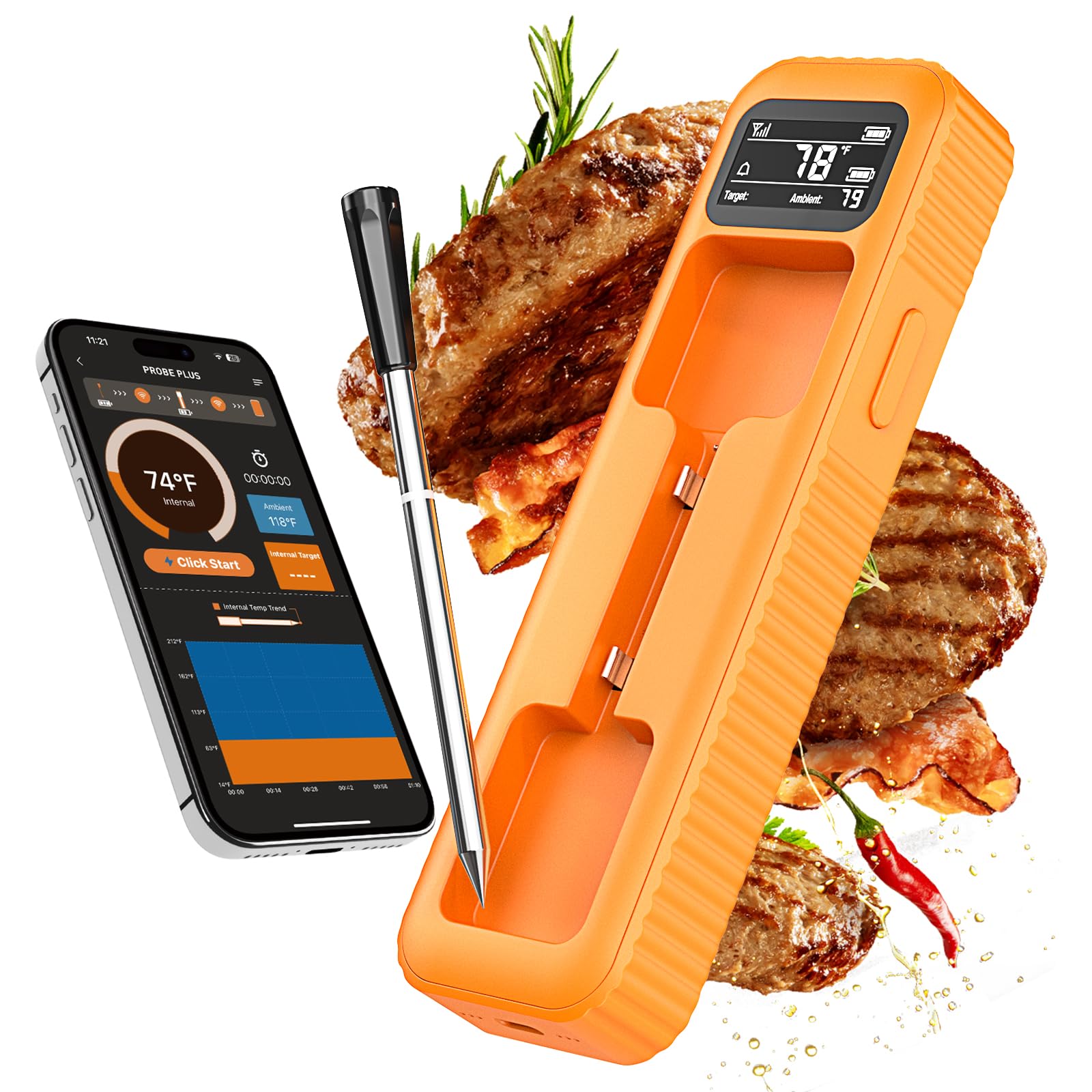 Termómetro de carne inalámbrico Bluetooth inteligente con alcance de 500 pies y alertas de aplicación, termómetro digital de cocina de sonda única para asar, ahumar, horno, cocina, perfecto para