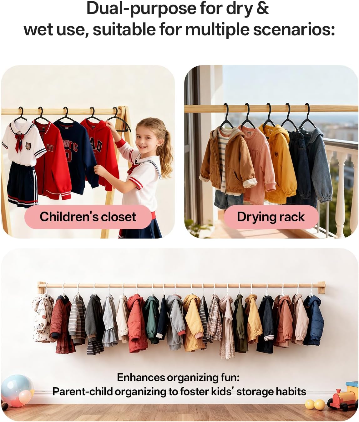 ABHENG 100 Pack Kids Hangers, Non-Slip & Sturdy Coat Hangers, Ultra-Thin Plastic Suit Hangers for 7-12 Years Old, Dry & Wet Dual-Use Multi-Scenario Storage, Holds Up to 11 LB, 14" W,Black,UAPY09100B