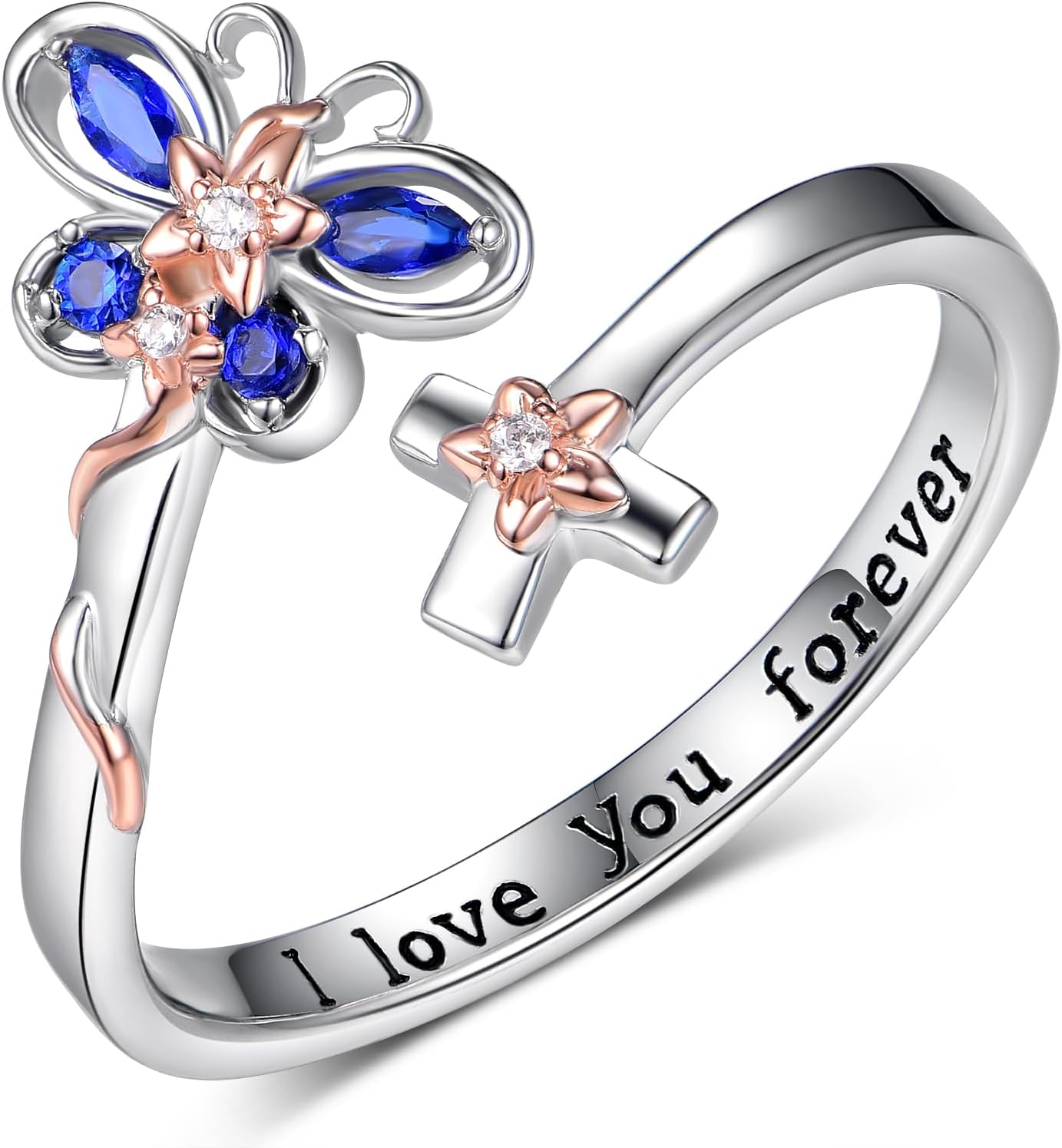 Butterfly Ring 925 Sterling Silver Butterfly Adjustable Open Ring Crystal Cross Rings for Women September Birthstone Butterfly Jewelry Gifts for Wife