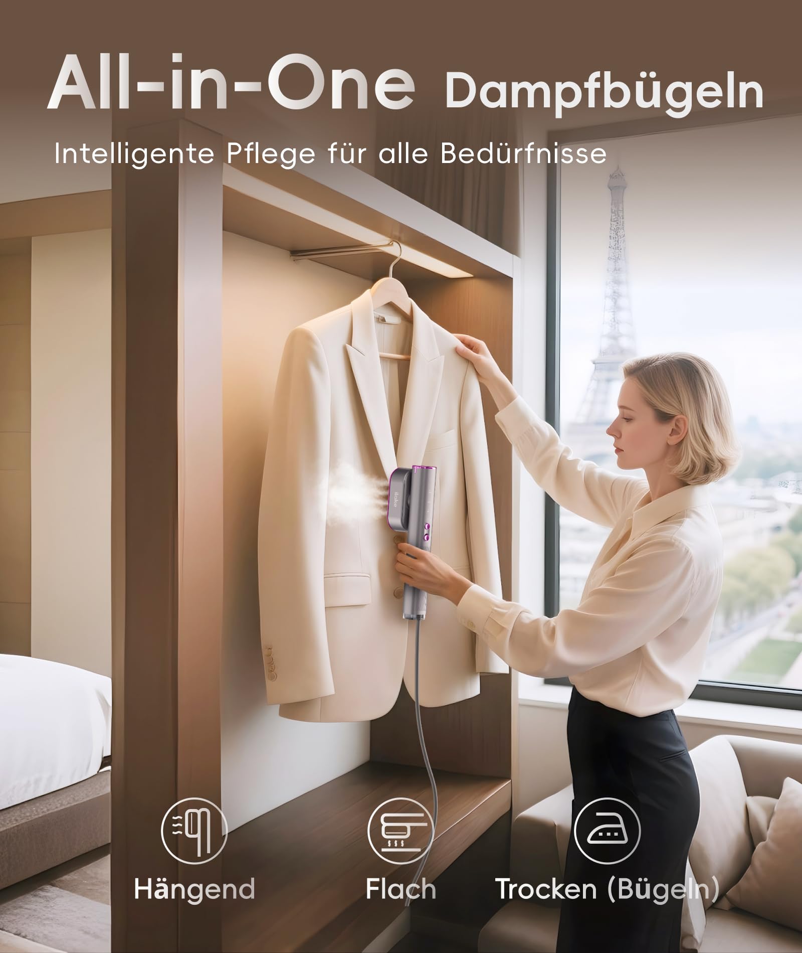 Dampfglätter für Kleidung, Handheld 100-240V Dual Voltage Travel Dampfglätter, 1000W und 120ML Wassertank Tragbarer Dampf & Bügeleisen 2 in 1 für Geschäftsreisen Zuhause, Grau