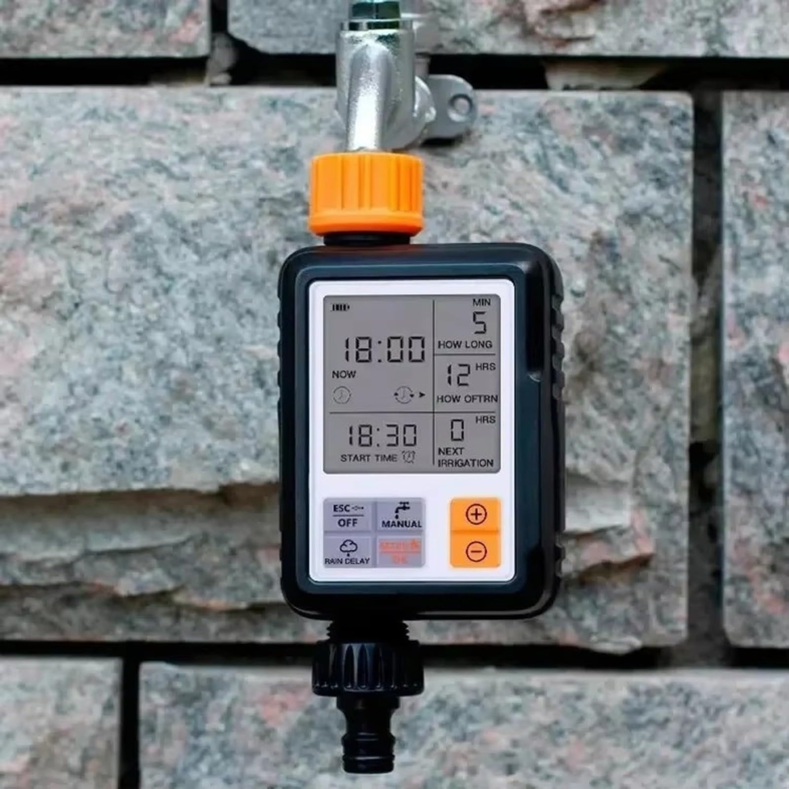 Temporizador de riego digital automático para jardín, sistema de agua de doble salida con IPX5, resistente al agua, ajustable de 1 seg a 300 min, conector de 3/4 pulgadas, color negro