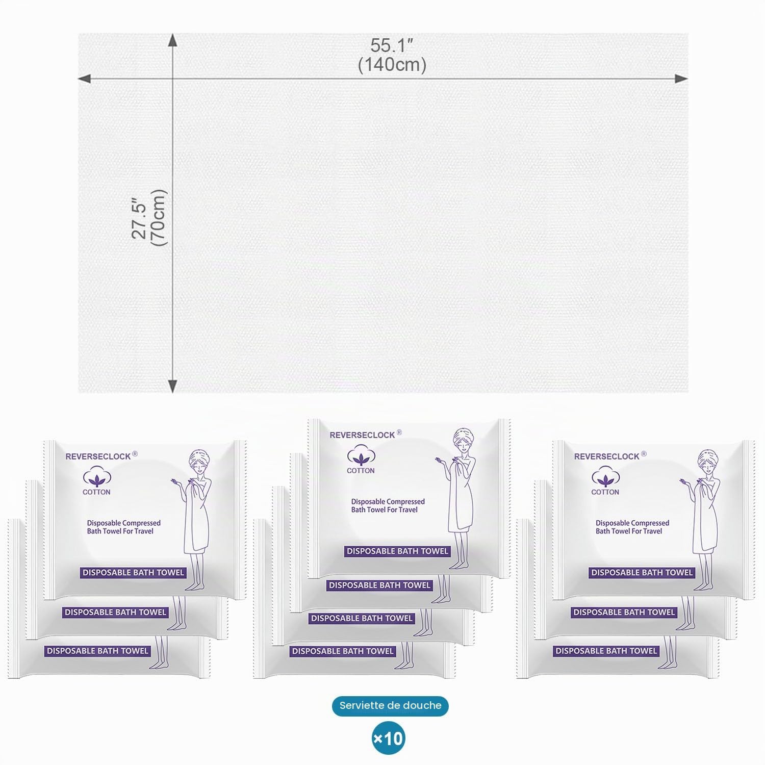 Lot de 10 grandes serviettes de bain compressées portables légères jetables en fibre de coton pour voyage, camping, gym, natation, plage (140 x 71 cm)