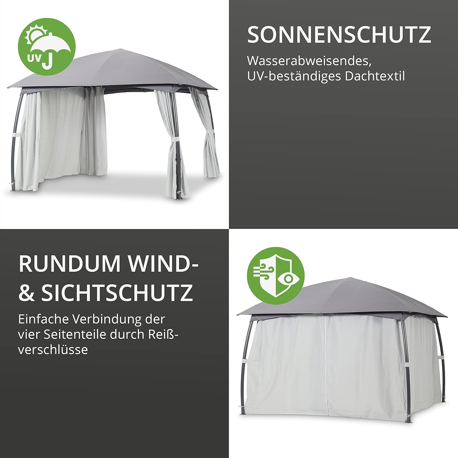 Diagram showing sun protection and wind/privacy protection features of the gazebo