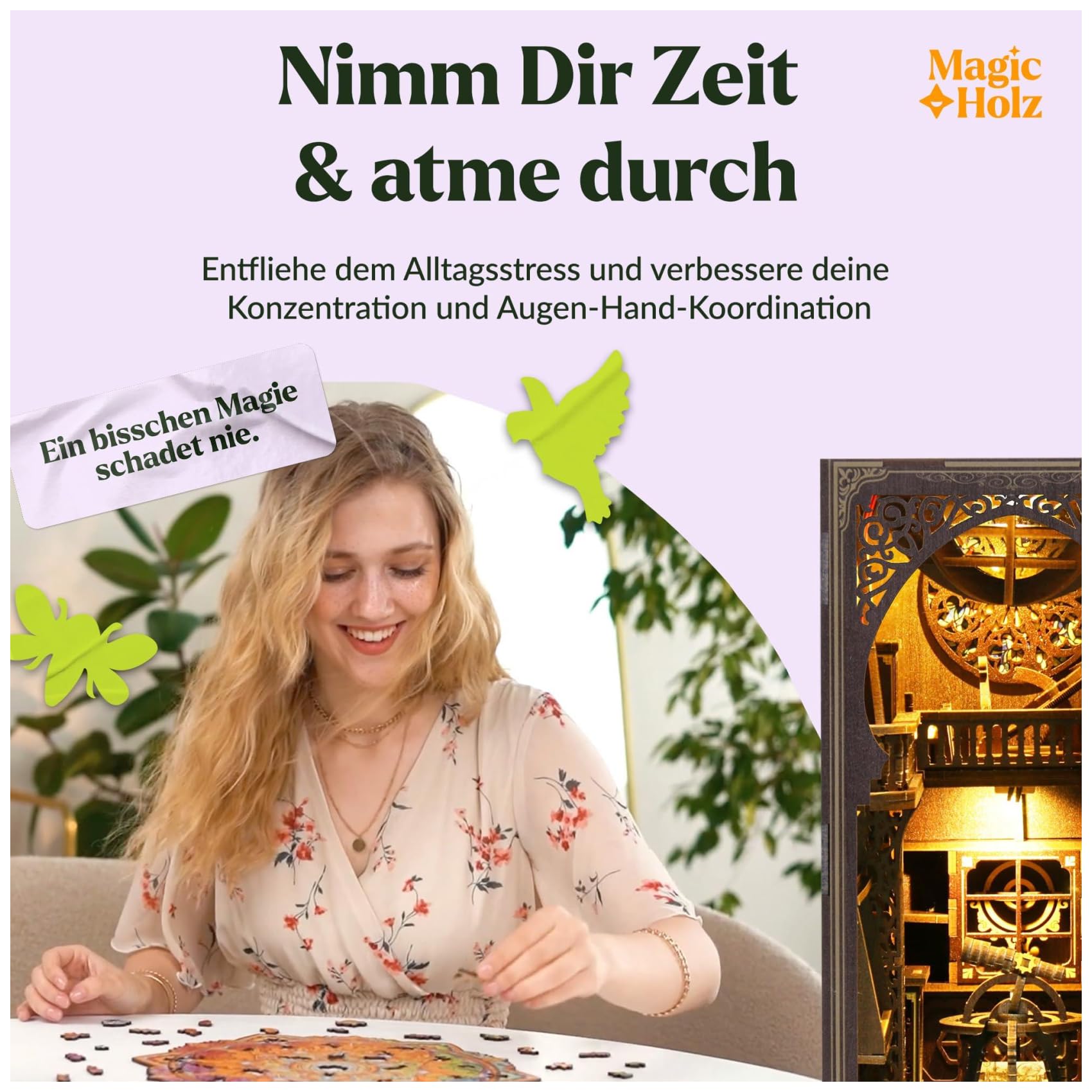 MaHo MagicHolz – Book Nook Astronomie Museum – DIY Book Nook Kit aus Holz – Booknook Diorama Miniatur Bausatz mit LED Lampe – 3D Puzzle Bücherregal Deko & DIY Buchstütze basteln