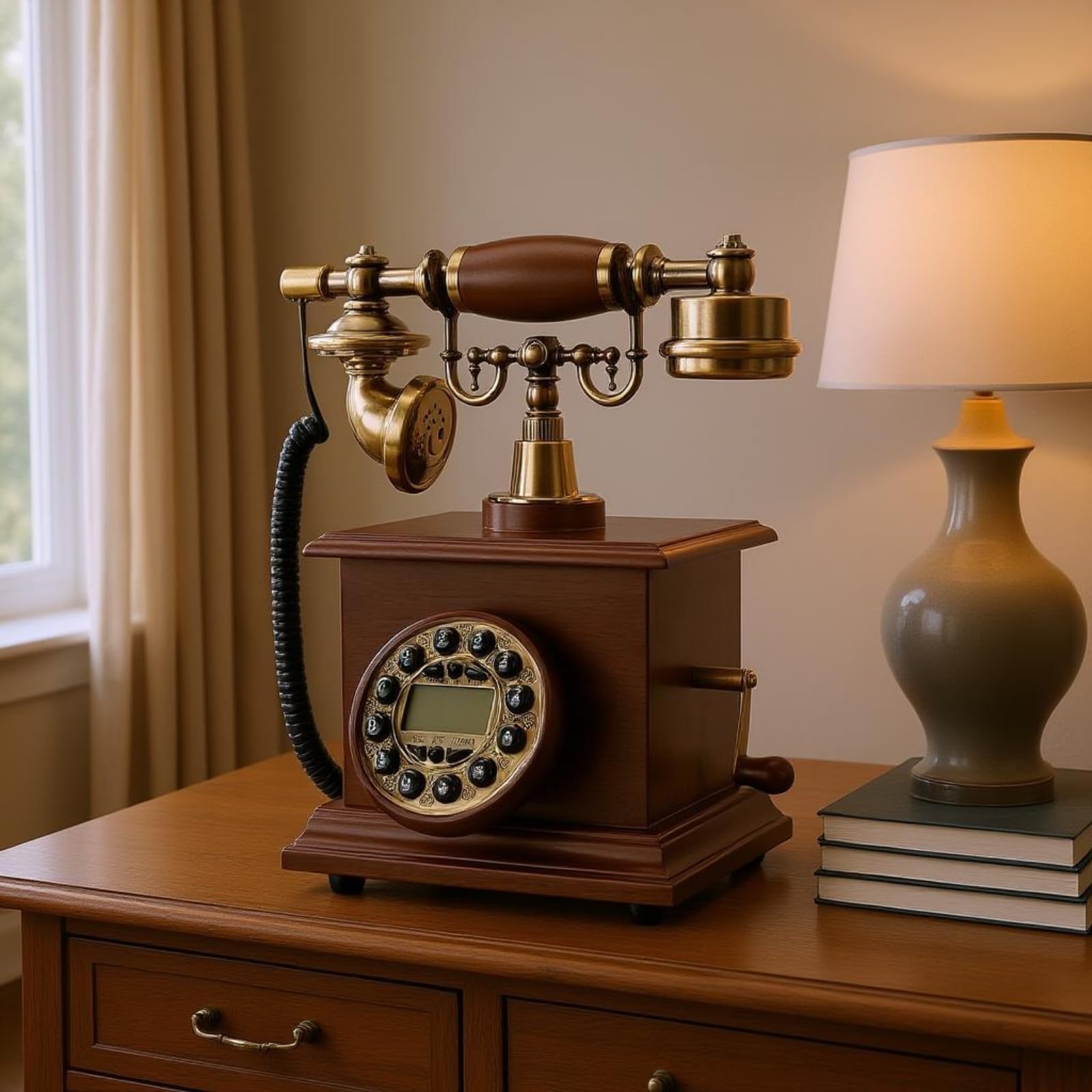 Teléfono Retro de Escritorio con Panel Dial Vintage Soporte Auricular y Cable en Espiral sin Batería de Números Adecuado para Hogar Recepción, Marrón
