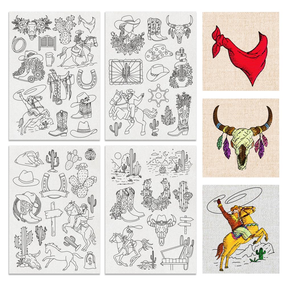 BENECREAT 4Sheets 53Pcs Cowboy Water Soluble Embroidery, 11.7x8.3inch Cowboy Boy Desert Scene Stick and Stitch Embroidery Paper Stabilizer for Shirts, Coats, Bags
