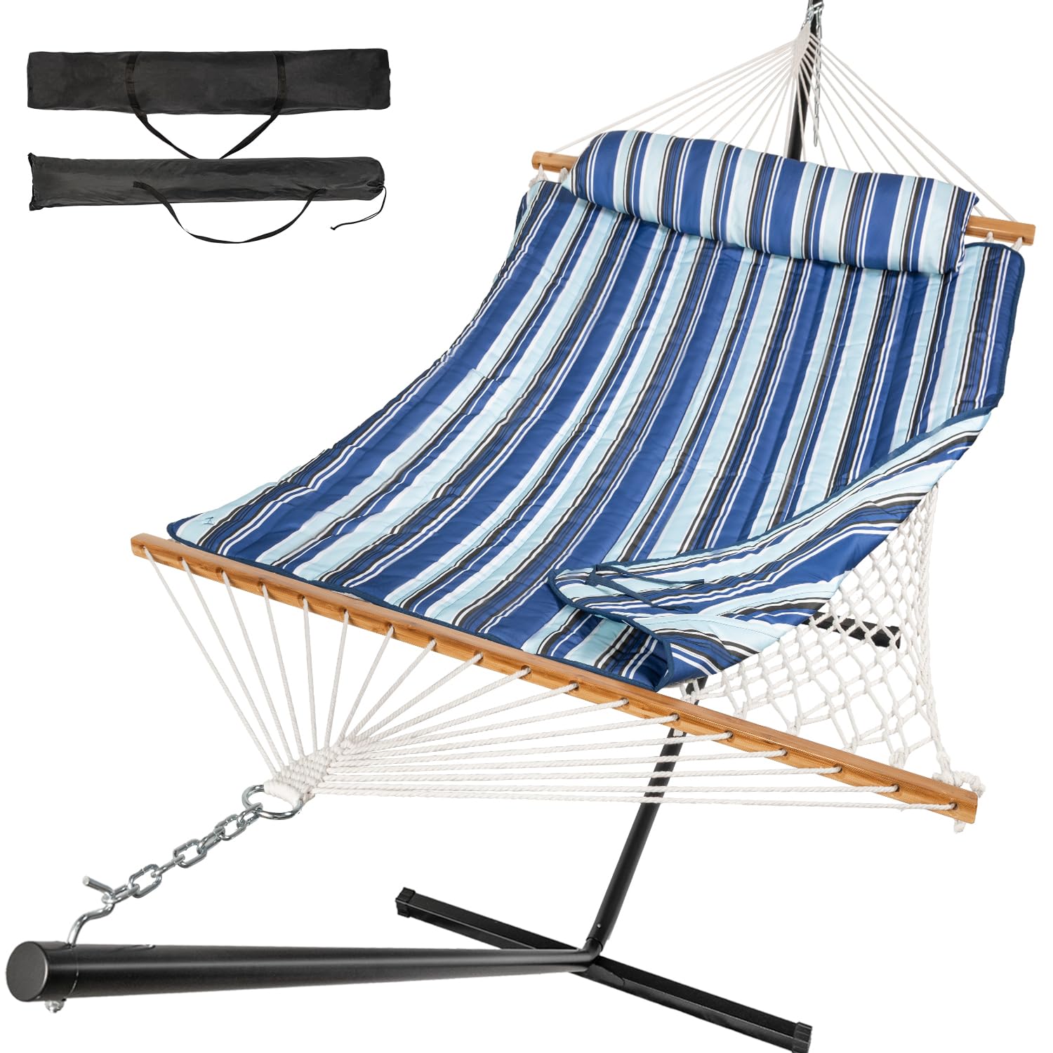 Everyfun 2 Person Double Hammock with Stand, 500lb Cotton Rope, Blue Stripe