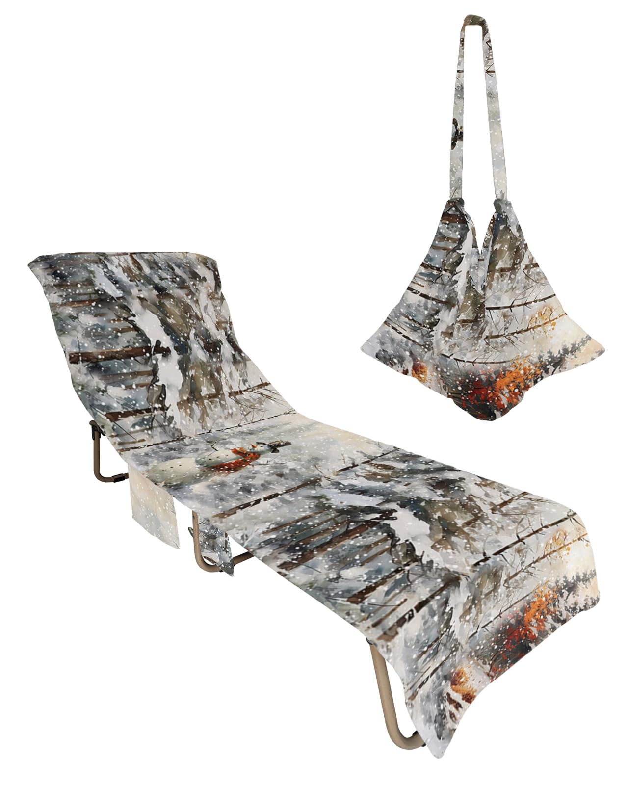 Christmas Snowman Beach Chair Towel Covers for Chaise Lounge With Side Pocket, Soft Plush Pool Towels Cover for Patio Sunbathing Outdoor 29''x85'' Forest Winter Snowy Tree