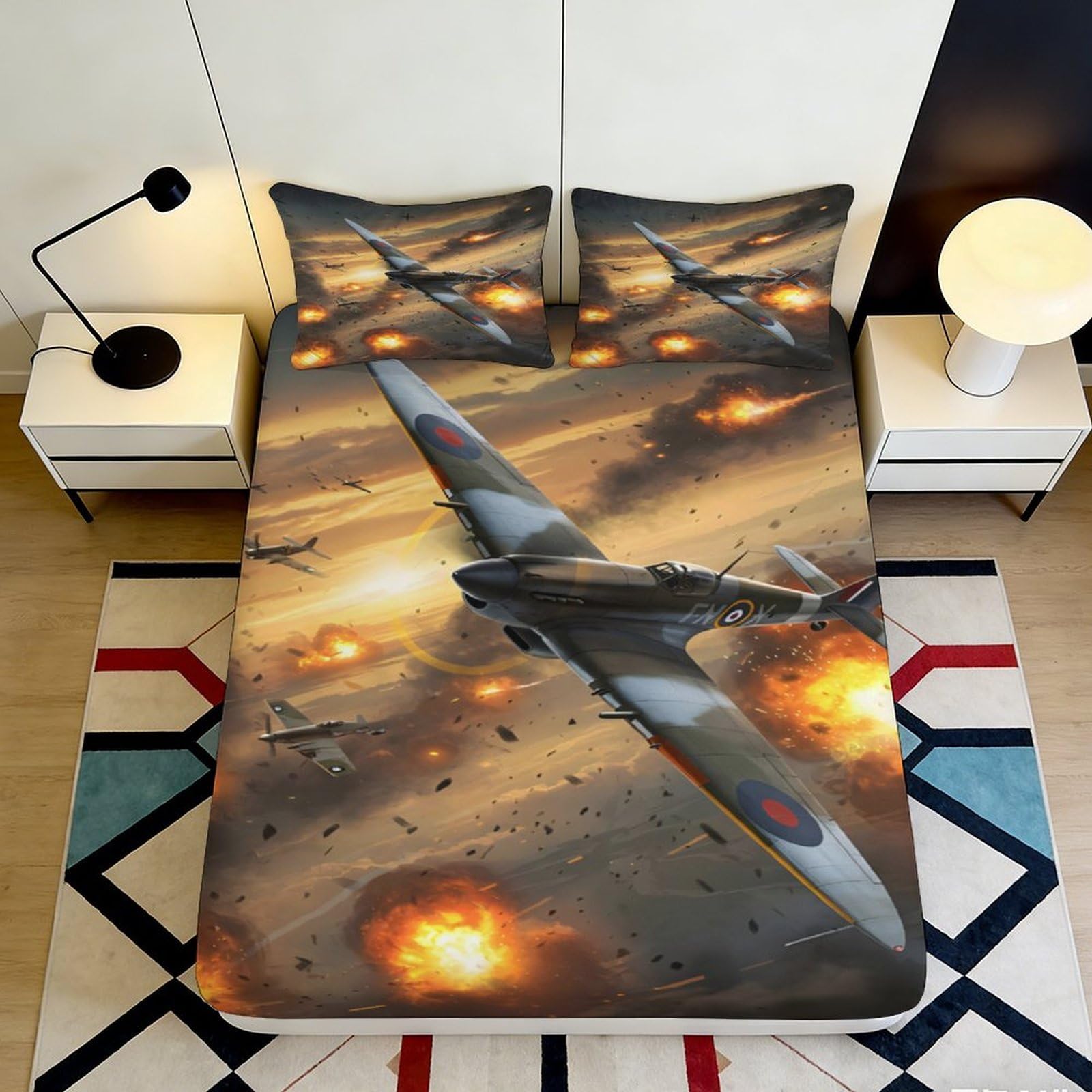 3D Printed Fighter Jet Fitted Sheet Microfiber Deep Pocket Elastic Hem Non-Slip Bedroom Bedding Warplane Mattress Fitted Cover Washable 200x200x25cm 90x200x25cm