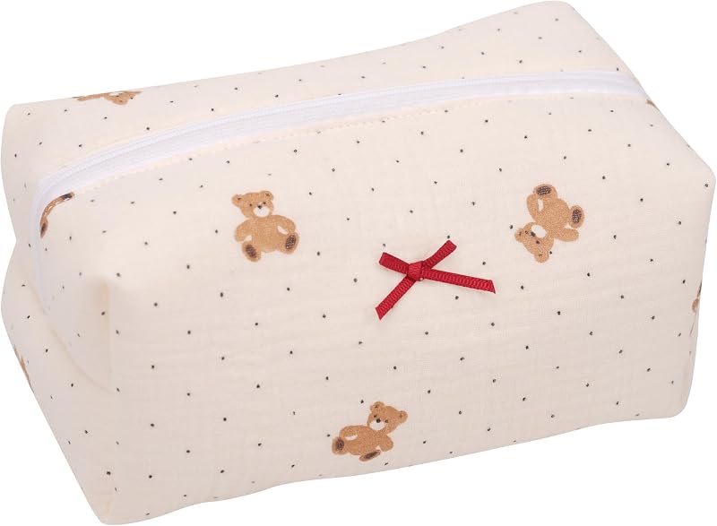Necessaire de algodão matelassado ZUNUONUO com zíper Vintage Teddy, 20 x 12 x 8 cm