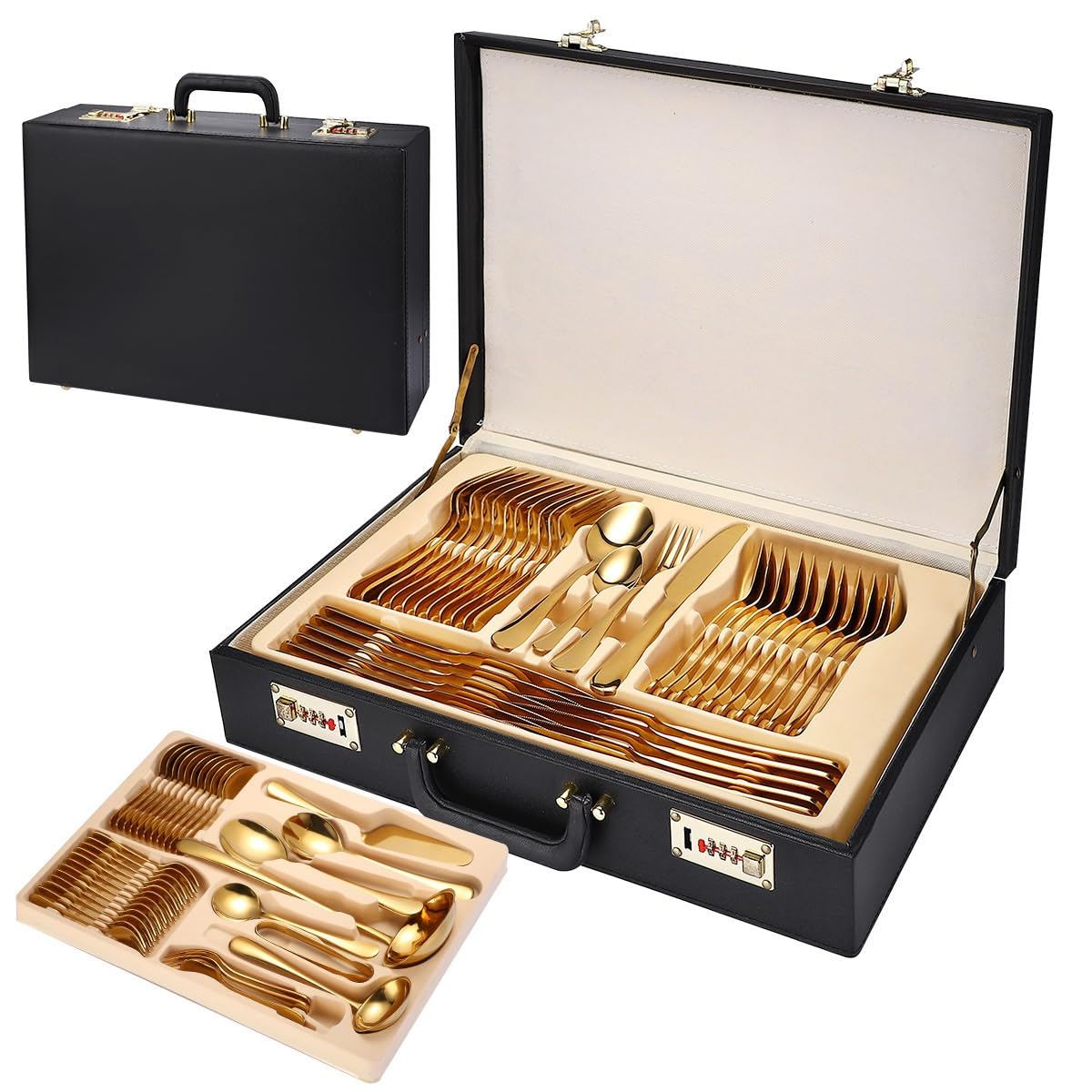 Genérico Juego de Cubiertos de Acero Inoxidable, 72 Piezas en Estuche de presentación para la Cocina Familiar y para Recibir Invitados. (Gold 72PCS)