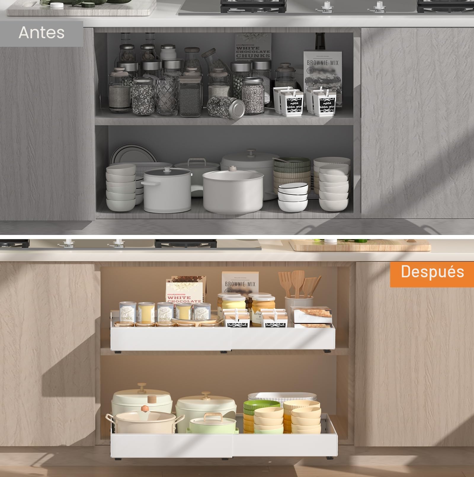 PNNP Cajones Extraibles para Cocina 2 piezas: 52 cm de profundidad Bandeja Armario Telescópico Adhesivos - Organizador Armario de Ancho Ajustable (32-53cm) - Sin Taladrar | Blanco